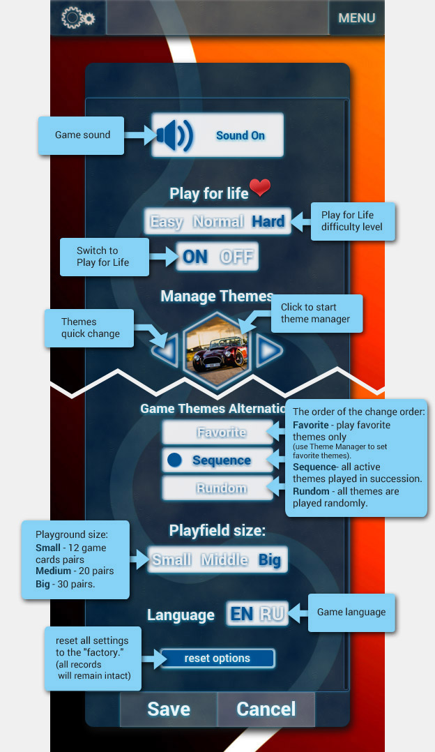 memory game options